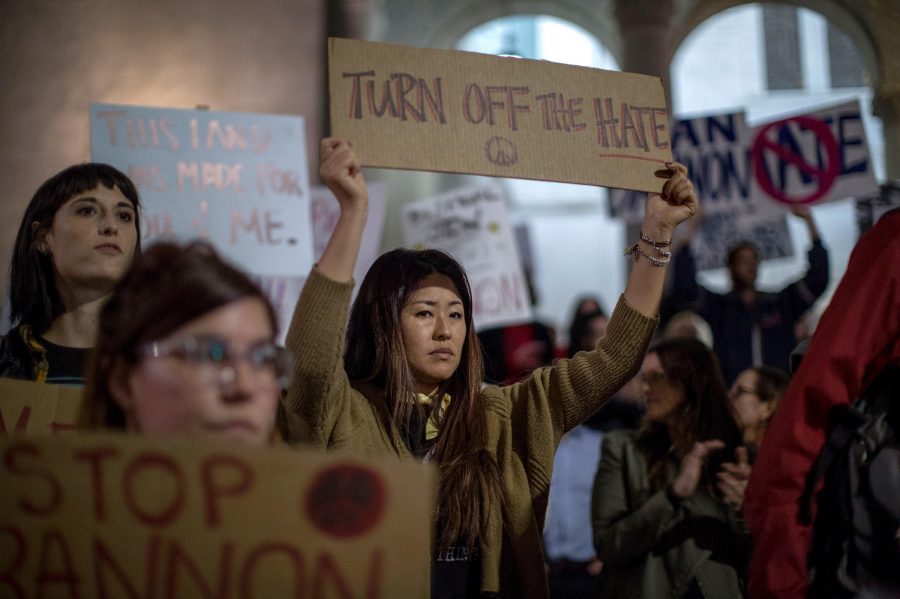 People protest the appointment of white nationalist alt-right media mogul, former Breitbart News head Steve Bannon, to be chief strategist of the White House by President-elect Donald Trump on Nov. 16, near City Hall in Los Angeles, Calif.MCNEW/AFP/Getty Images)