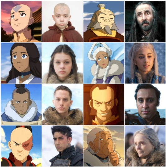 The cast of "The Last Airbender Movie" next to images of the animated characters they portray.