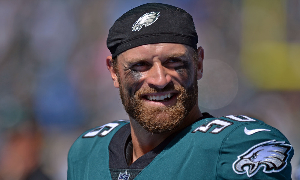 Oct 1, 2017; Carson, CA, USA; Philadelphia Eagles defensive end Chris Long (56) smiles before the game against the Los Angeles Chargers at StubHub Center. Mandatory Credit: Jake Roth-USA TODAY Sports