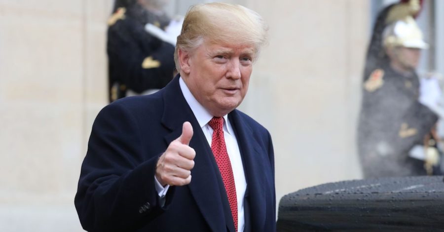 US+President+Donald+Trump+gives+a+thumbs+up+as+he+leaves+the+Elysee+Palace+in+Paris+on+November+10%2C+2018+following+bilateral+talks+with+the+French+President+on+the+sidelines+of+commemorations+marking+the+100th+anniversary+of+the+11+November+1918+armistice%2C+ending+World+War+I.+%28Photo+by+ludovic+MARIN+%2F+AFP%29++++++++%28Photo+credit+should+read+LUDOVIC+MARIN%2FAFP%2FGetty+Images%29