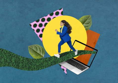Young business woman running along a grass pathway 
surrounded by colourful abstract shapes on a blue background

Photo Credit: Getty Images